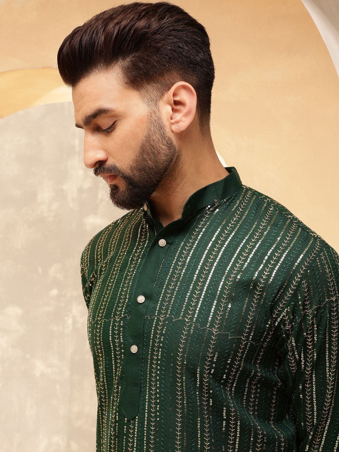 Anouk Green Striped Embroidered Sequinned Pure Cotton Straight Kurta With Pyjama