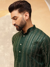 Anouk Green Striped Embroidered Sequinned Pure Cotton Straight Kurta With Pyjama