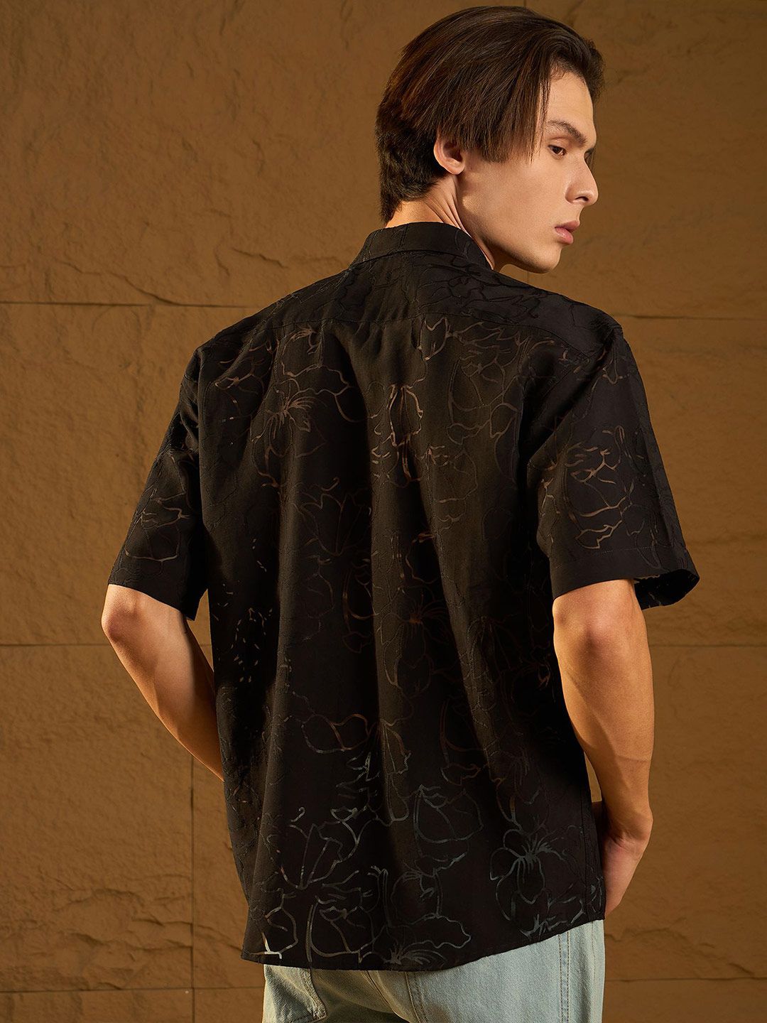 Dennison Men Floral Printed Drop Shoulder Semi Sheer Oversized Shirt