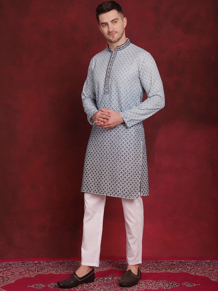 Jompers Geometric Embroidered Mandarin Collar Sequinned Kurta With Pyjamas