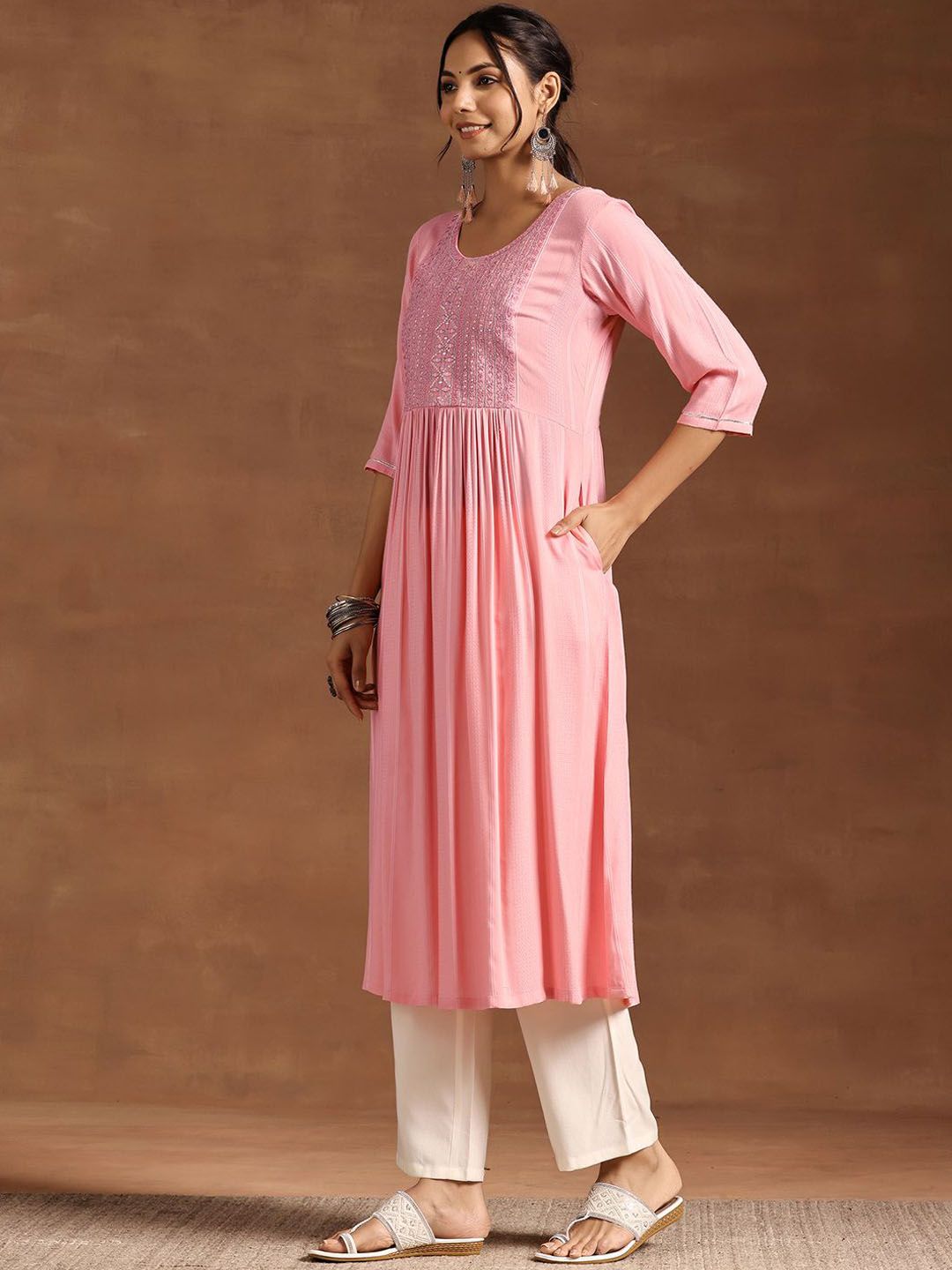 Libas Floral Yoke Design Mirror Work Pleated A-Line Kurta