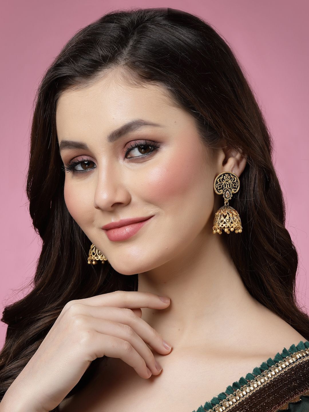 Anouk Batu Tiruan Bersalut Emas Subang Jhumkas Kontemporari Bertampal