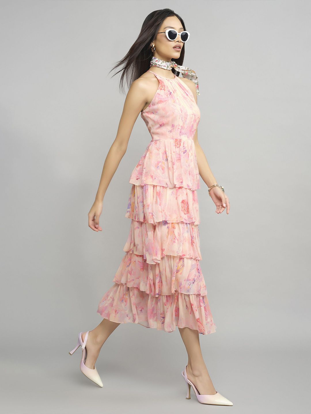 AND Floral Printed Halter Neck Layered Fit & Flare Midi Dress