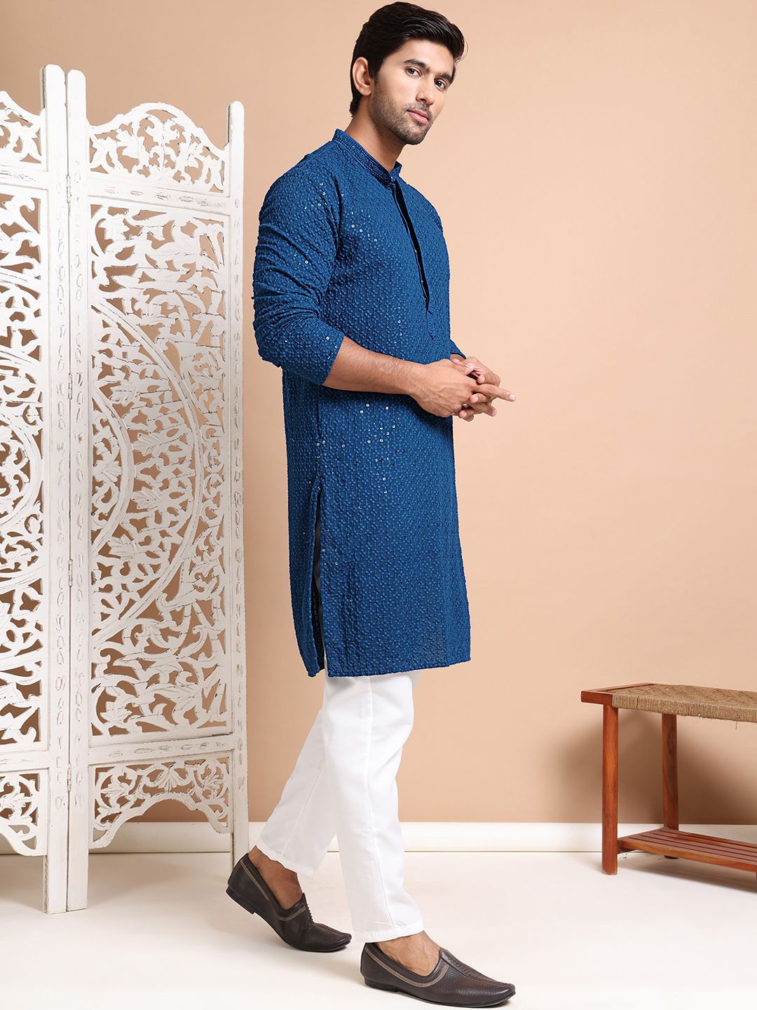 Anouk Men Embroidered Regular Sequinned Pure Cotton Kurta with Pyjamas