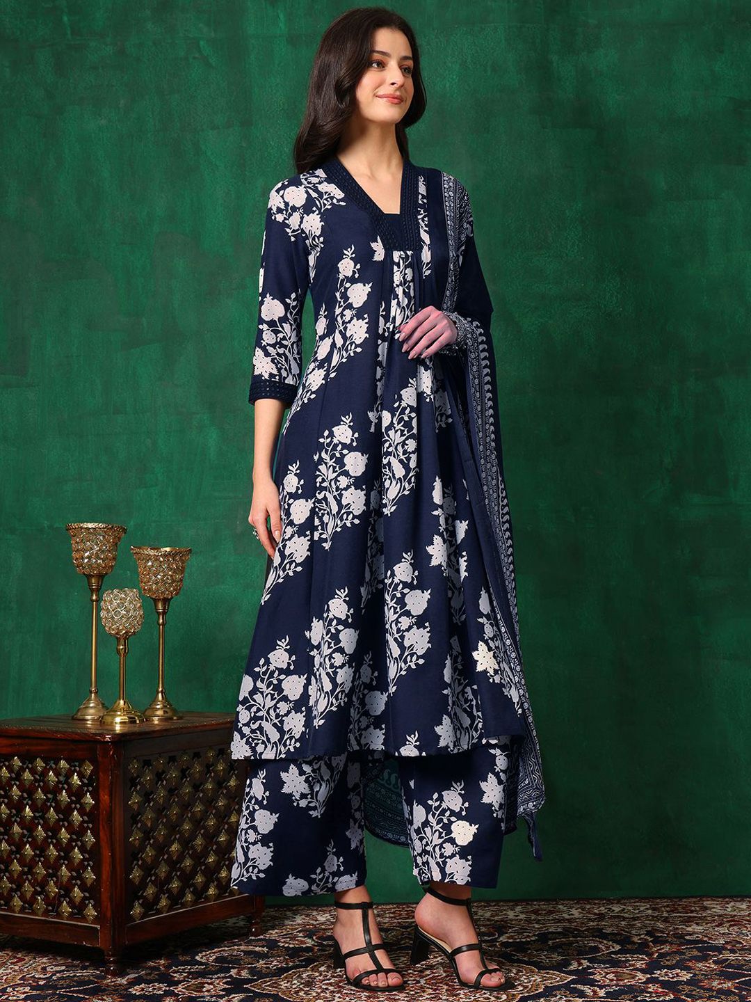 KALINI Women Floral Printed Regular Mirror Work Kurta with Palazzos & With Dupatta