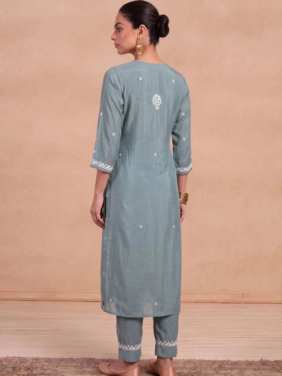 House of Chikankari Women Ethnic Motifs Embroidered Regular Thread Work Kurta with Trousers