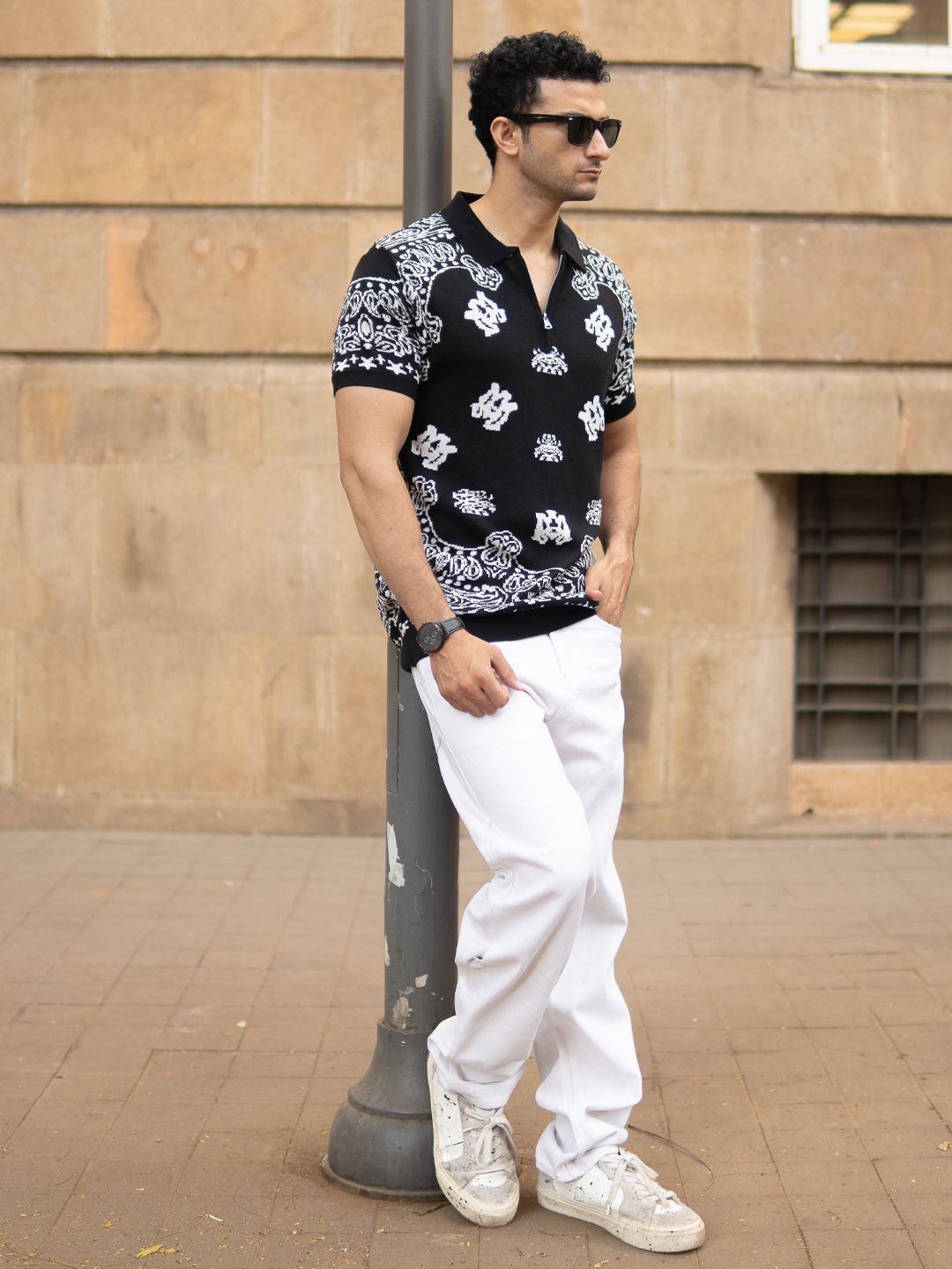 Powerlook SS25 Paisley Printed Bandana Knitted Polo Collar Pure Cotton T-Shirt