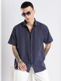 Adro Men Spread Collar Berjalur Menegak Baju Kasual Kapas Bersaiz Besar Rekaan Sendiri