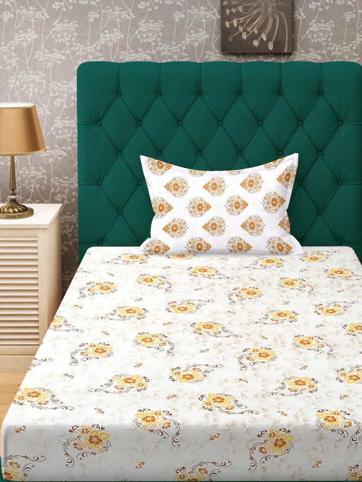 KLOTTHE Yellow Cotton Floral 400 TC Single Bedsheets