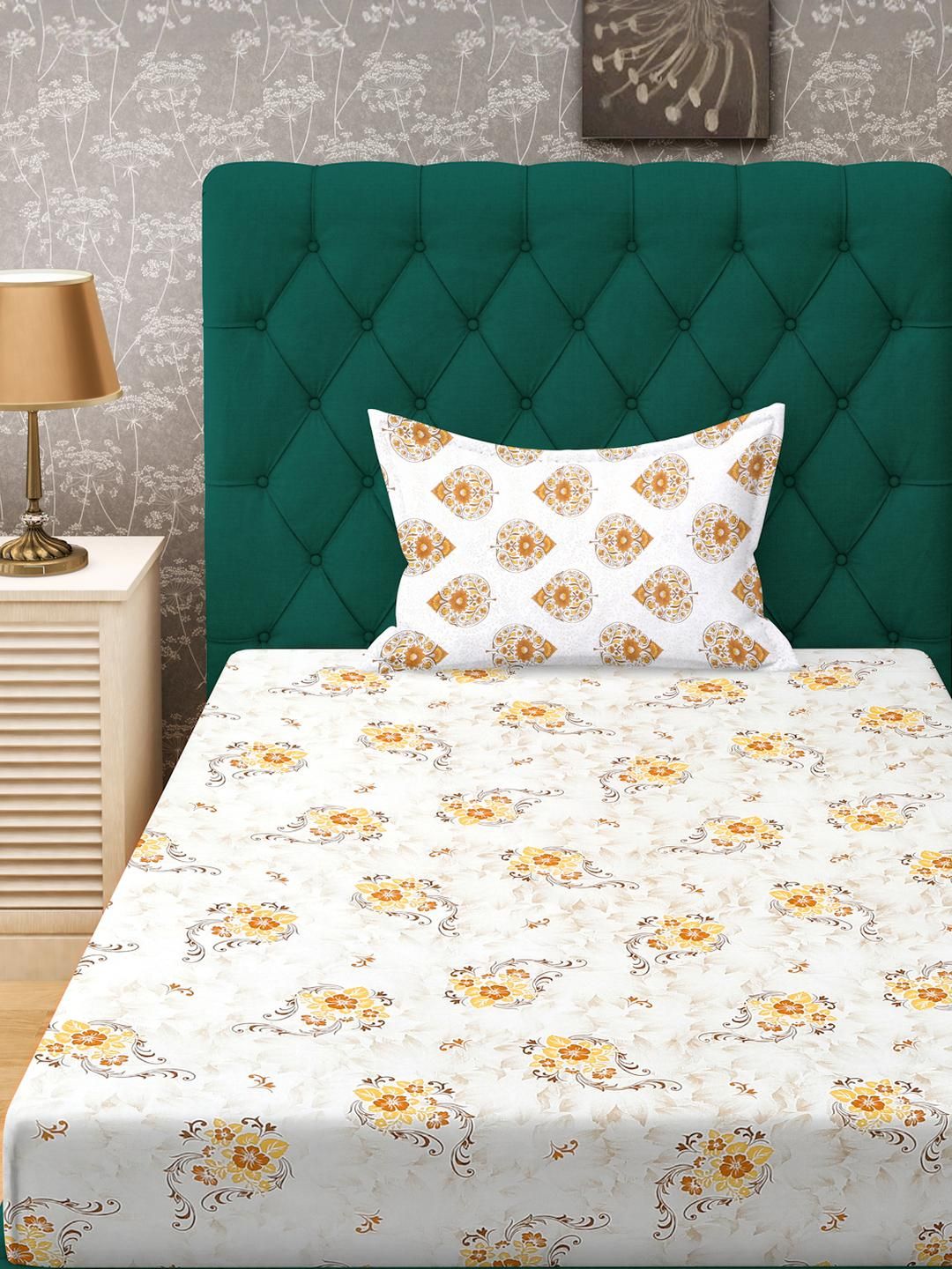 KLOTTHE Yellow Cotton Floral 400 TC Single Bedsheets