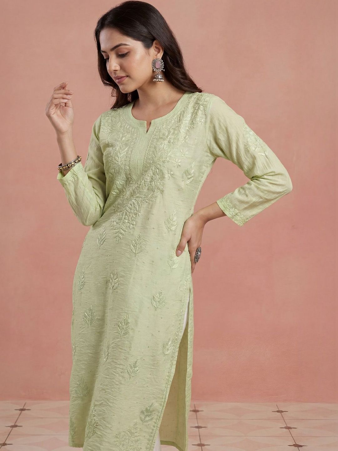 House of Chikankari Women Ethnic Motifs Embroidered Thread Work Chanderi Silk Kurta
