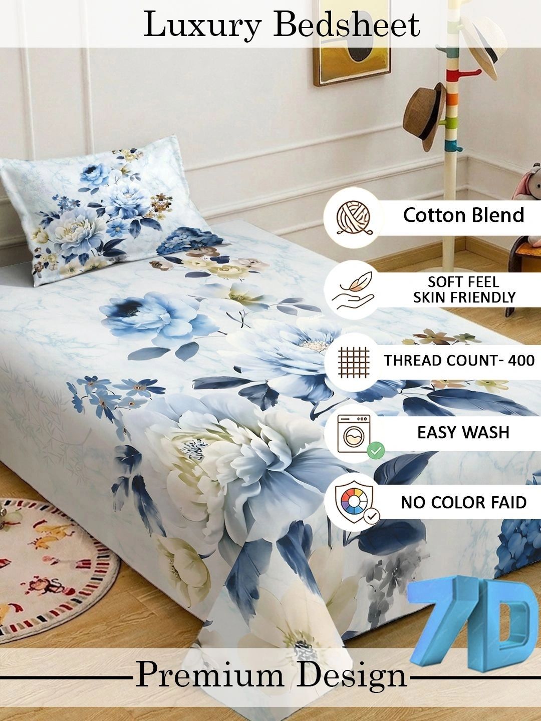 KLOTTHE Blue & White Floral Dilengkapi 400 TC Single Cadar 7D dengan 1 Sarung Bantal