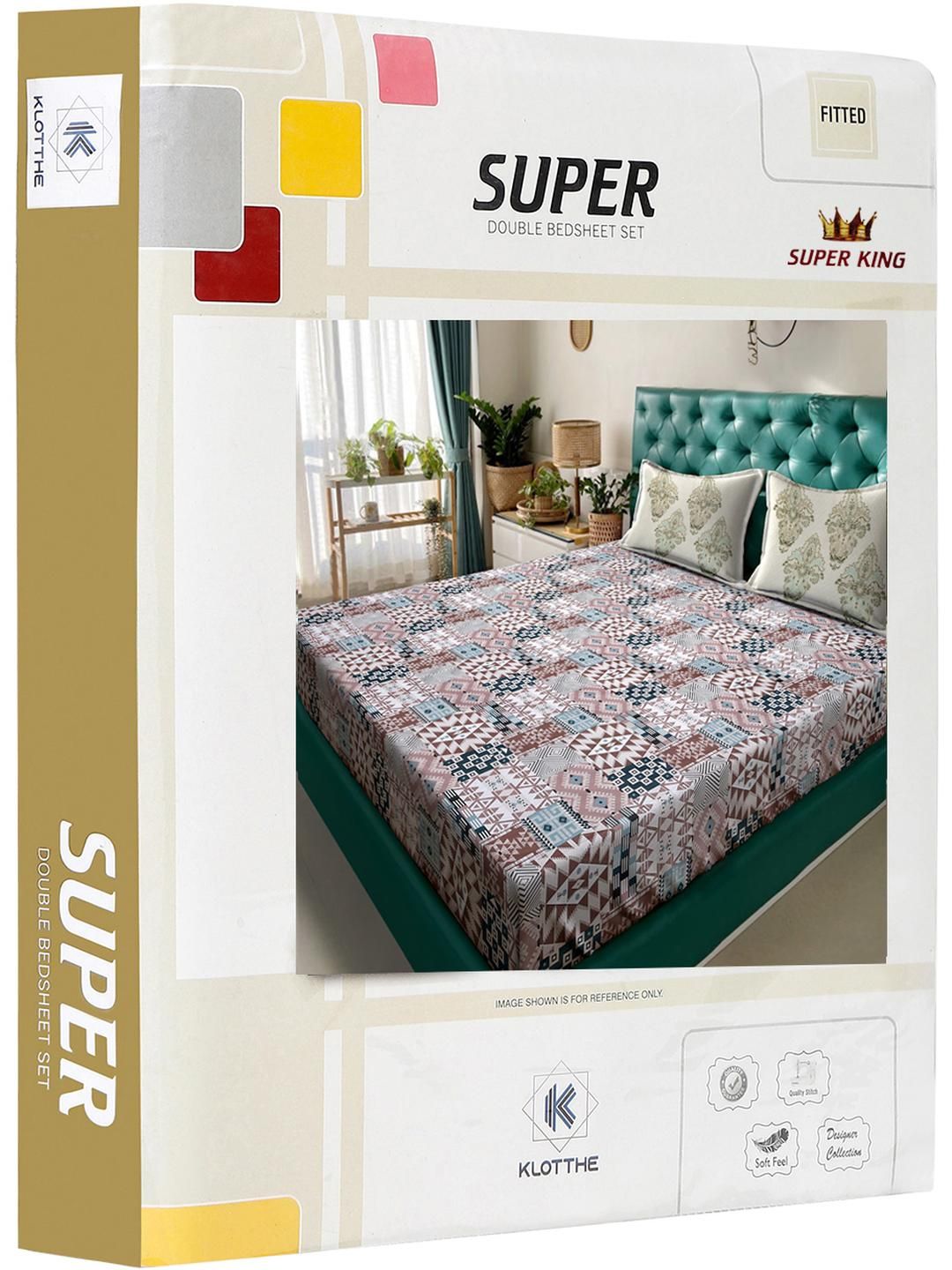 KLOTTHE Multicolour Geometric 400 TC Super King Bedsheet with 2 Pillow Covers