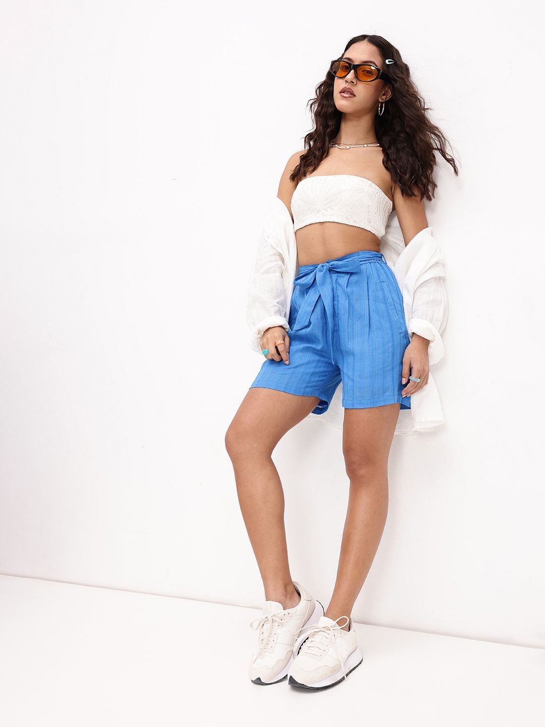 DressBerry Effortless Instinct Striped Threadwork Pure Cotton Belted Shorts
