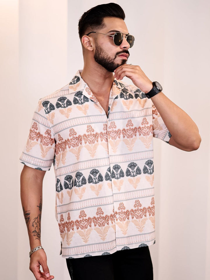 Eszett Men Ethnic Motifs Printed Cuban Collar Linen Casual Shirt