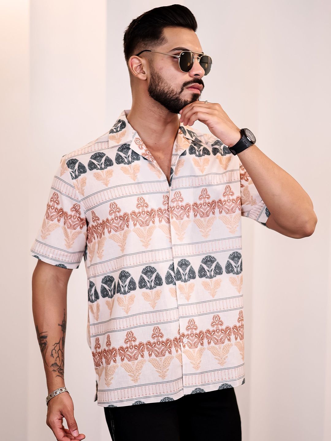 Eszett Men Ethnic Motifs Printed Cuban Collar Linen Casual Shirt
