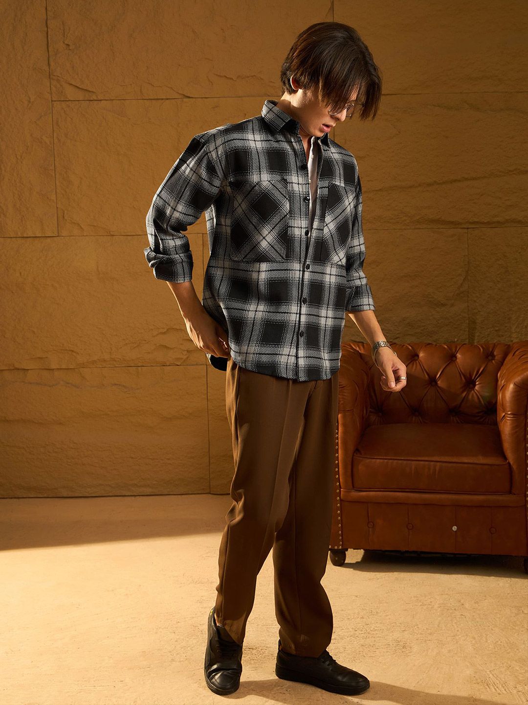 DENNISON Men Double Pocket Drop Shoulder Oversized Cotton Checked Shacket