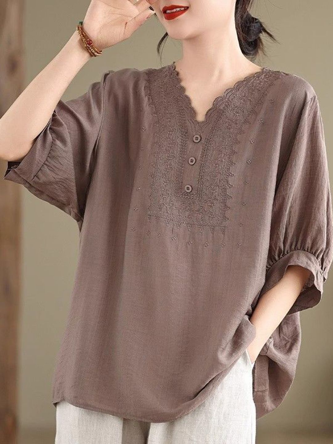 DressBerry Women V-Neck Puff Sleeves Cotton Top