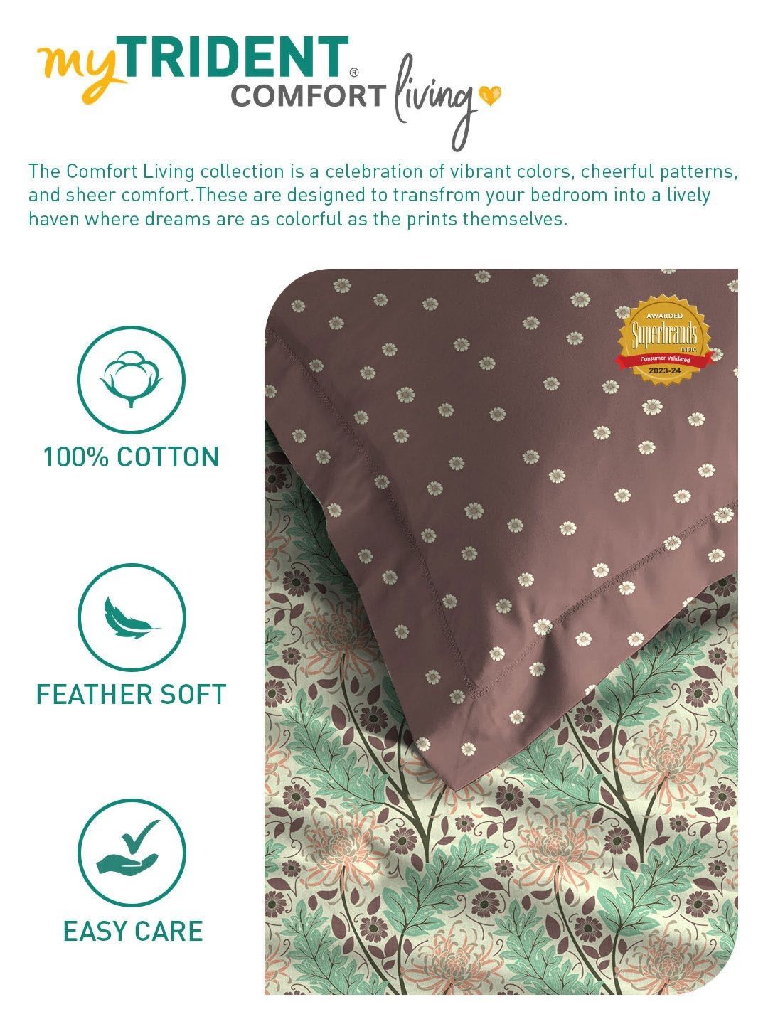 MYTRIDENT Brown Comfort Living Flat 120TC Queen Cotton 1 Bedsheet with 2 Pillow Covers