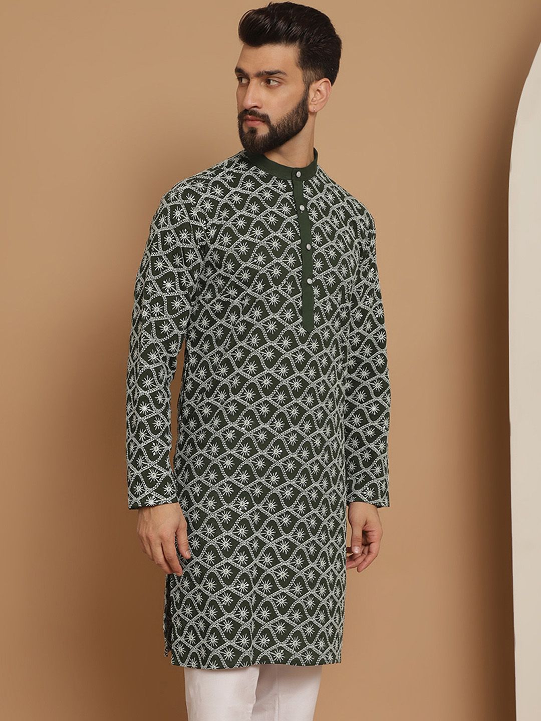 Anouk Men Green Geometric Thread Work Pathani Kurta