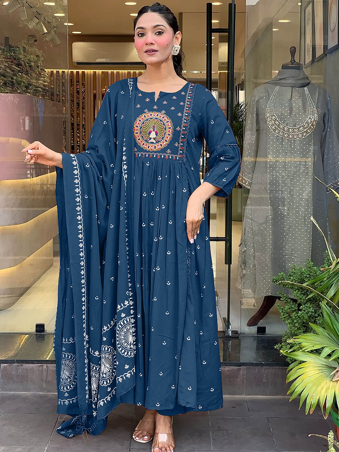 KALINI Floral Embroidered Pleated Mirror Work Anarkali Kurta With Trousers & Dupatta