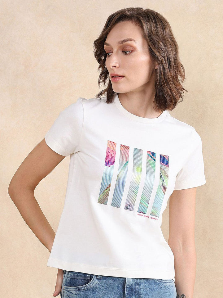 Rareism Wanita Grafik T-Shirt Leher Pusingan Dicetak