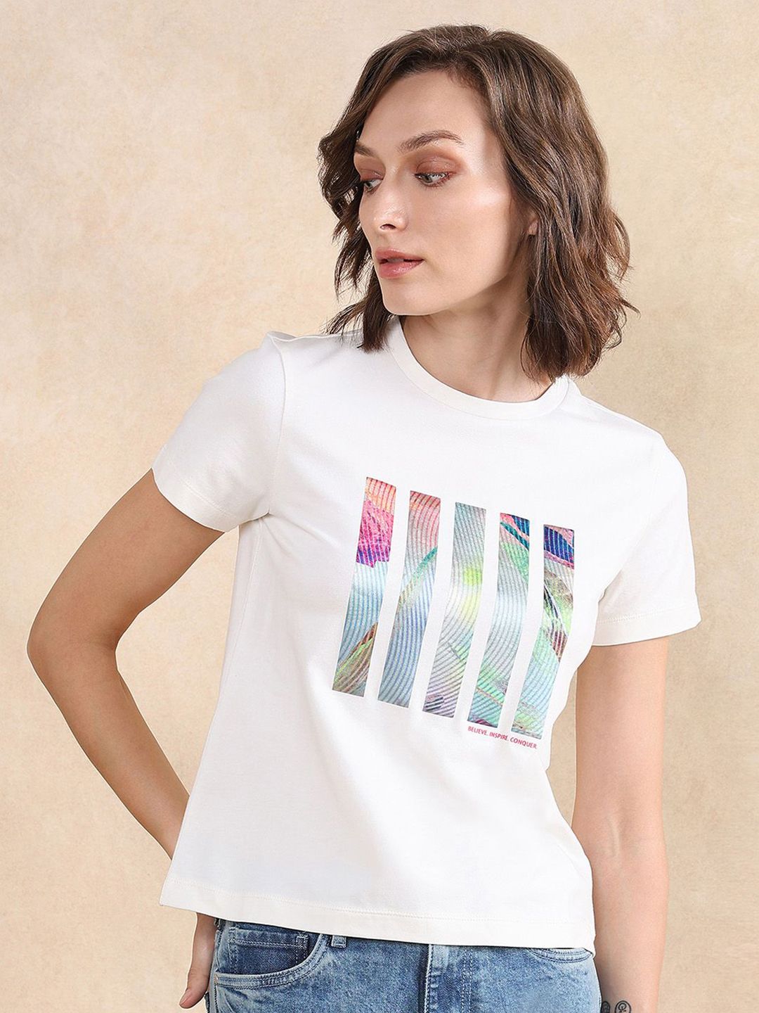 Rareism Wanita Grafik T-Shirt Leher Pusingan Dicetak