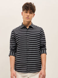 THE BEAR HOUSE Men Spread Collar Horizontal Striped Cotton Slim Fit Casual Shirt
