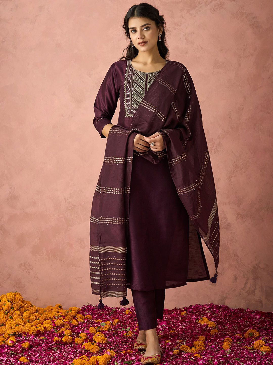KALINI Floral Yoke Design Sequinned Straight Kurta with Trousers & Dupatta