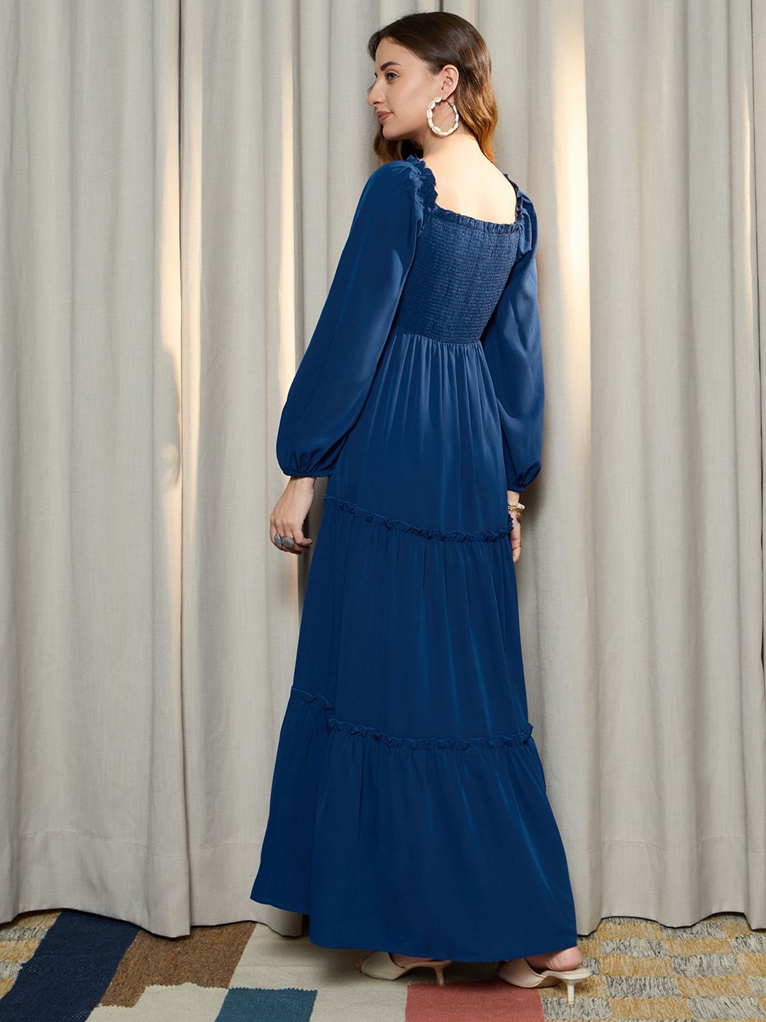 Berrylush Women Tiered Smocked Details Puff Sleeve A-Line Maxi Dress