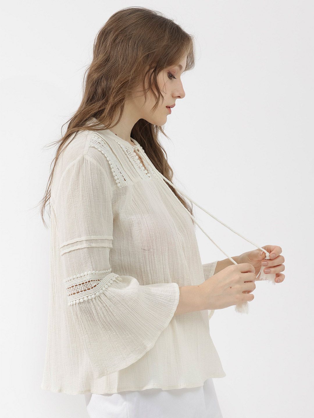 Rareism Striped Tie-Up Neck Bell Lengan Kapas Atas