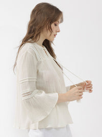 Rareism Striped Tie-Up Neck Bell Lengan Kapas Atas