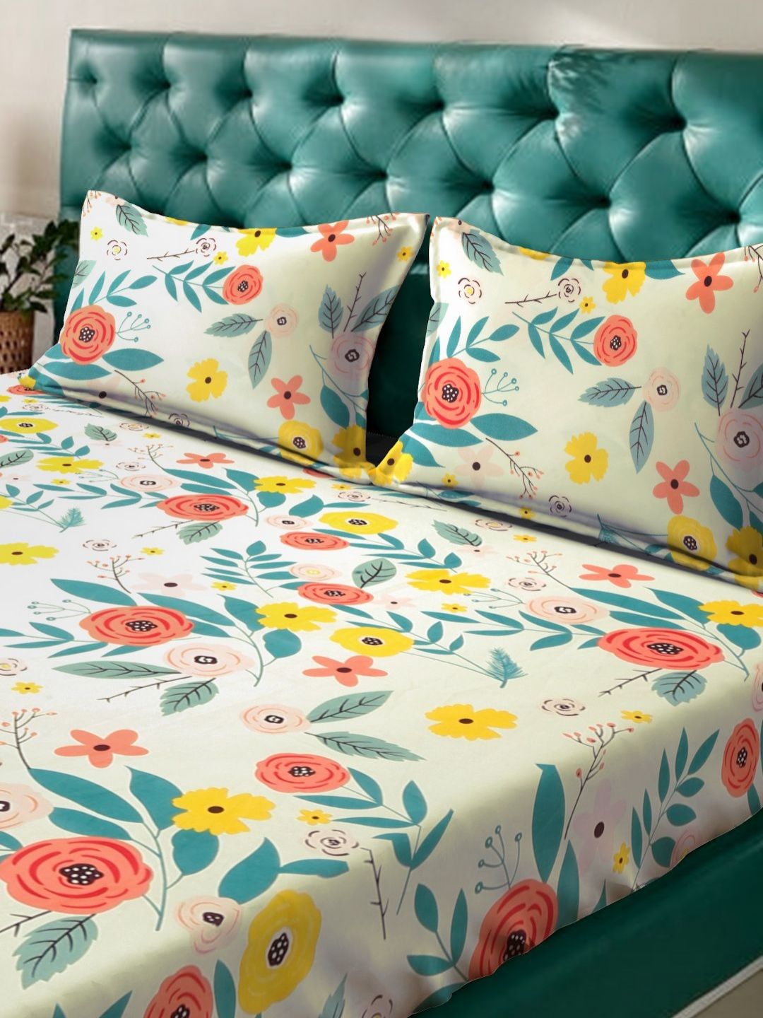 Myntra Elegant Homes White & Green Floral Printed Set Cadar King 300 TC 2.5 x 2.2 m