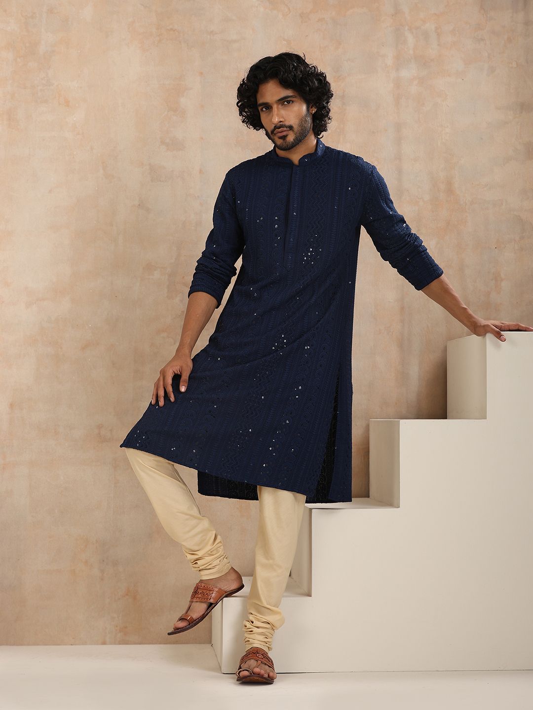 House of Chikankari Men Navy Blue Rayon Embroidered Kurta