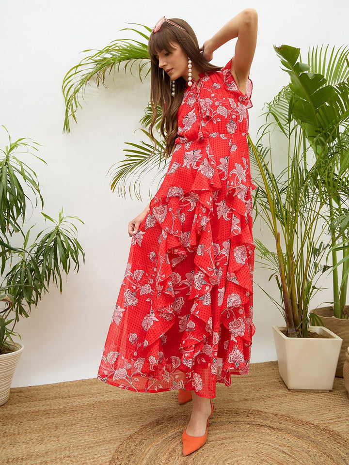 SASSAFRAS Floral Printed Flared Sleeves Ruffled Fit & Flare Maxi Dress