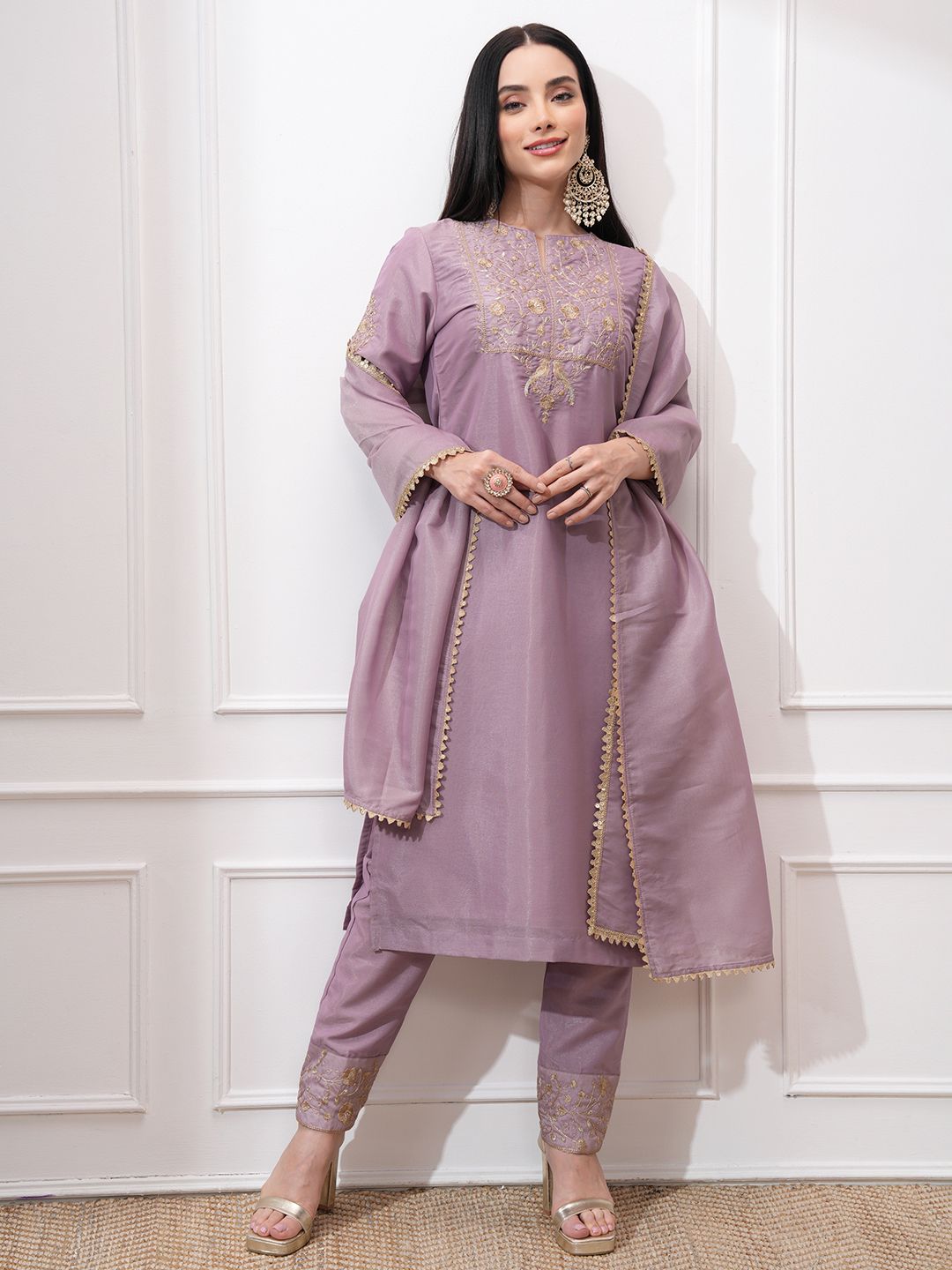 Vishudh Women Ethnic Motifs Embroidered Regular Kurta with Trousers & With Dupatta