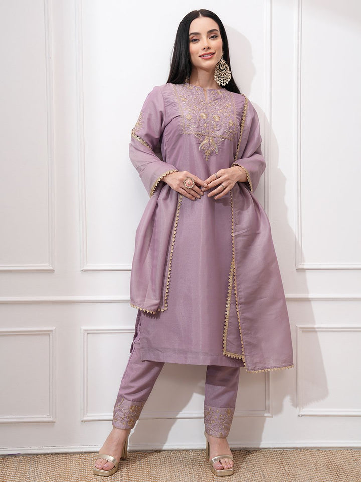 Vishudh Women Ethnic Motifs Embroidered Regular Kurta with Trousers & With Dupatta