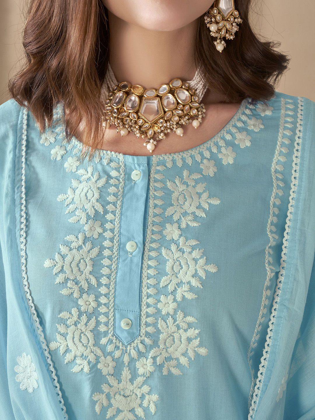 Anouk Embroidered Regular Thread Work Pure Cotton Straight Kurta With Trousers & Dupatta