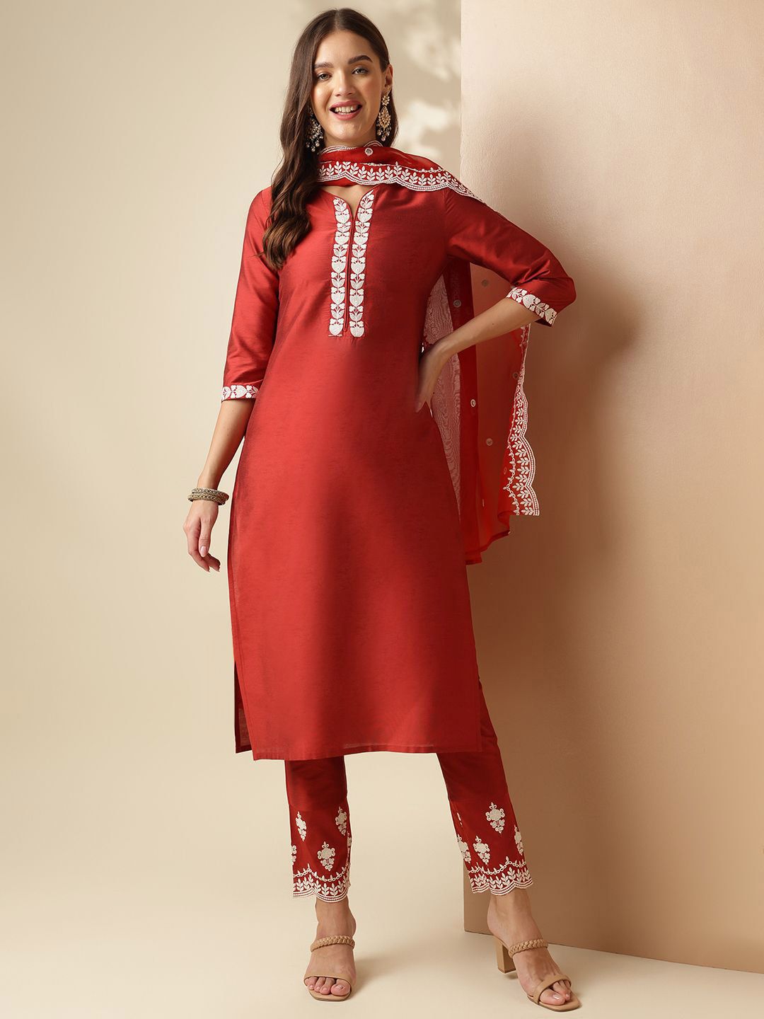 Anouk Embroidered Regular Straight Kurta with Trousers & Dupatta