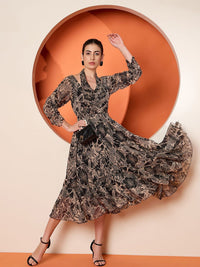 Antheaa Women Embellished Floral Printed Puff Sleeve Fit & Flare Midi Dress