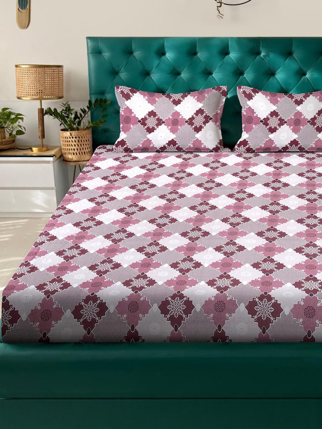 KLOTTHE Pink & Kelabu Geometric Printed 400 TC Cotton Set Cadar King 2.50 m x 2.25 m