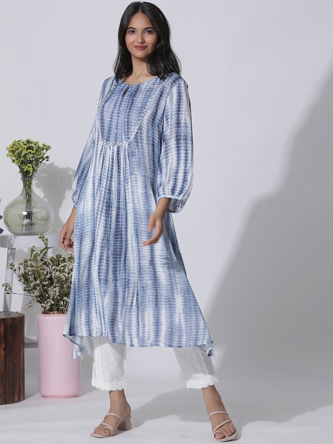 W Abstract Printed Keyhole Neck A-Line Kurta