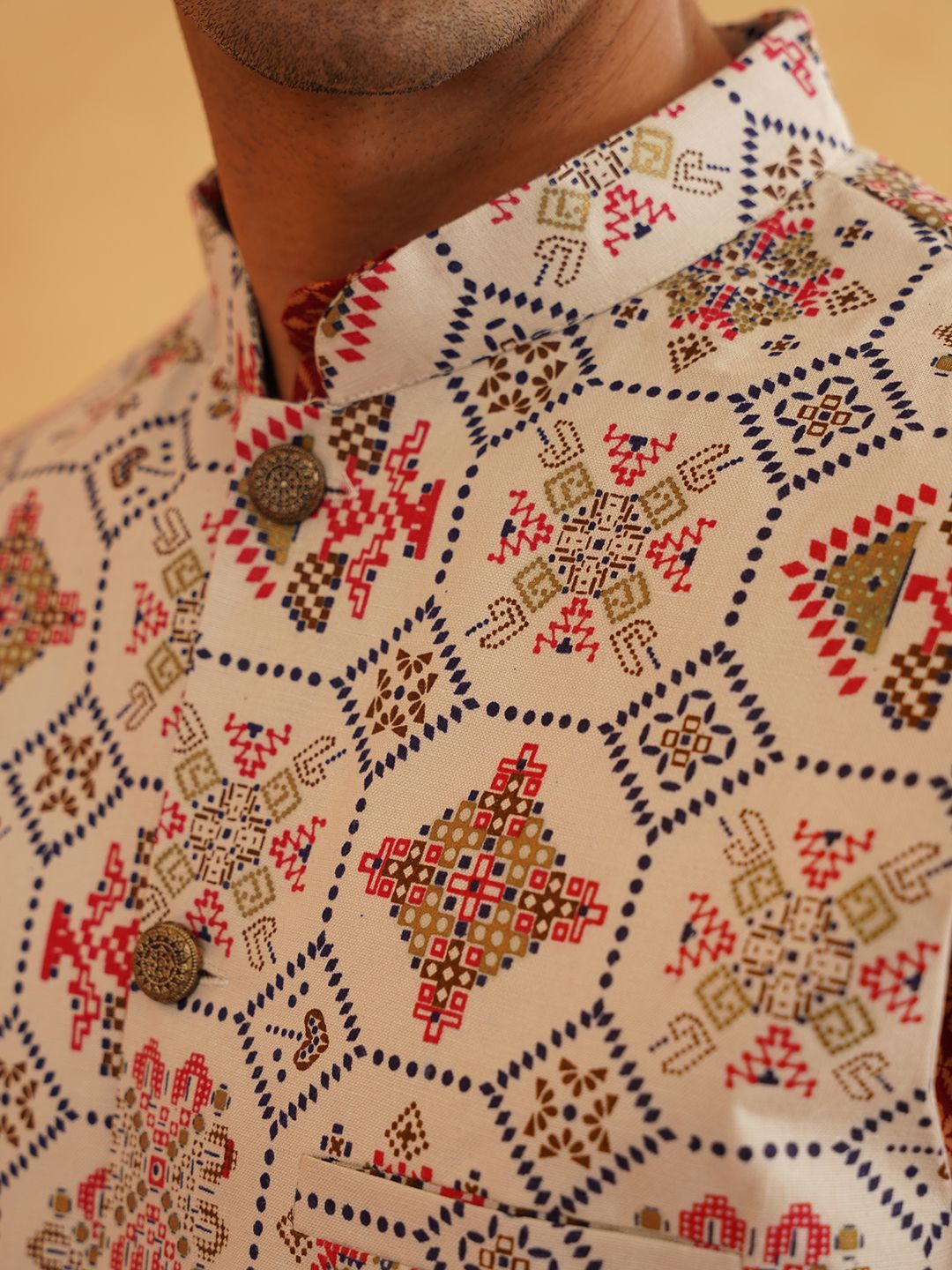 SOJANYA Floral Printed Band Collar Cotton Linen Kurta With Churidar And Nehru Jacket
