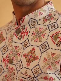 SOJANYA Floral Printed Band Collar Cotton Linen Kurta With Churidar And Nehru Jacket