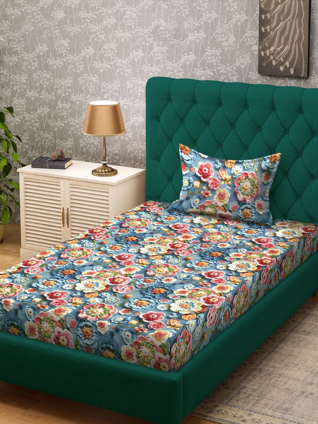 Myntra Elegant Blue Floral Printed 300 TC Single 7D Bedsheet with 1 Pillow Cover