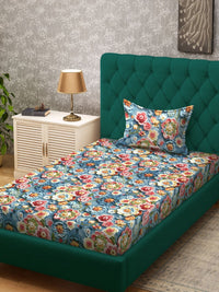 Myntra Elegant Blue Floral Printed 300 TC Single 7D Bedsheet with 1 Pillow Cover