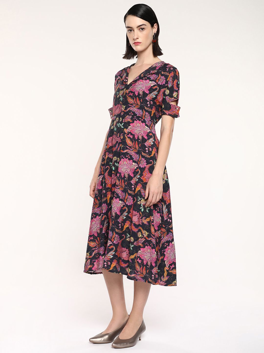 RAREISM Floral Printed Short Sleeves A-Line Midi Dress