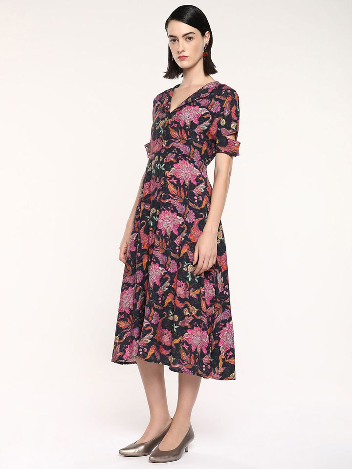 RAREISM Floral Printed Short Sleeves A-Line Midi Dress