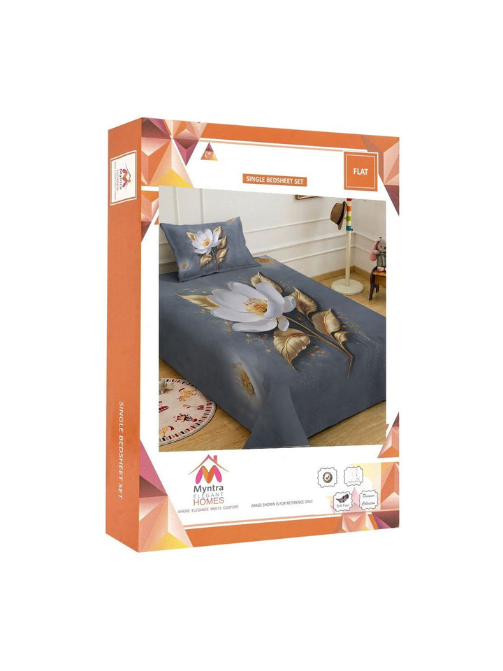 Myntra Elegant Grey & White Floral 400 TC Single 7D Bedsheet with 1 Pillow Cover