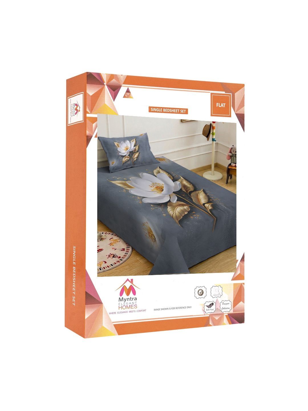 Myntra Elegant Grey & White Floral 400 TC Single 7D Bedsheet with 1 Pillow Cover